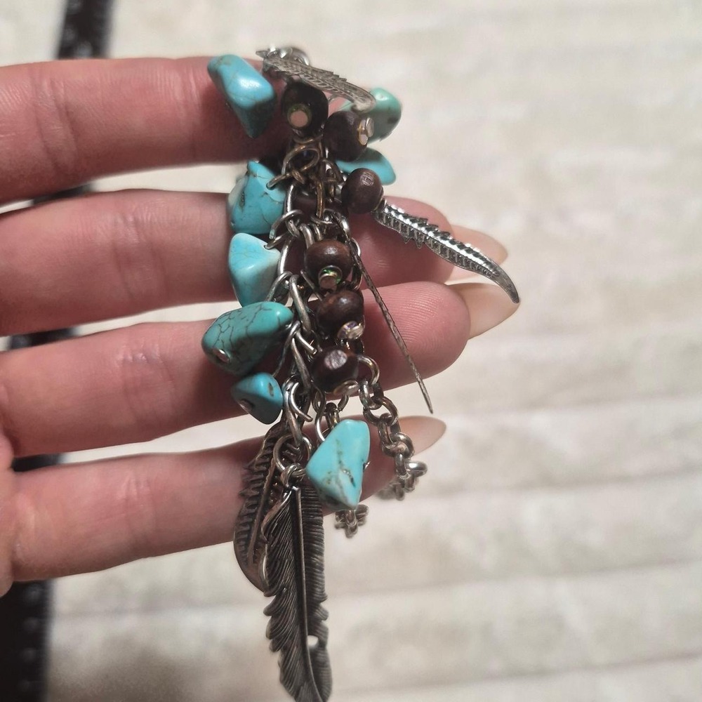 Boho Faux Turquoise Wood Bead Feather Charm Long Statement Necklace Silver Tone